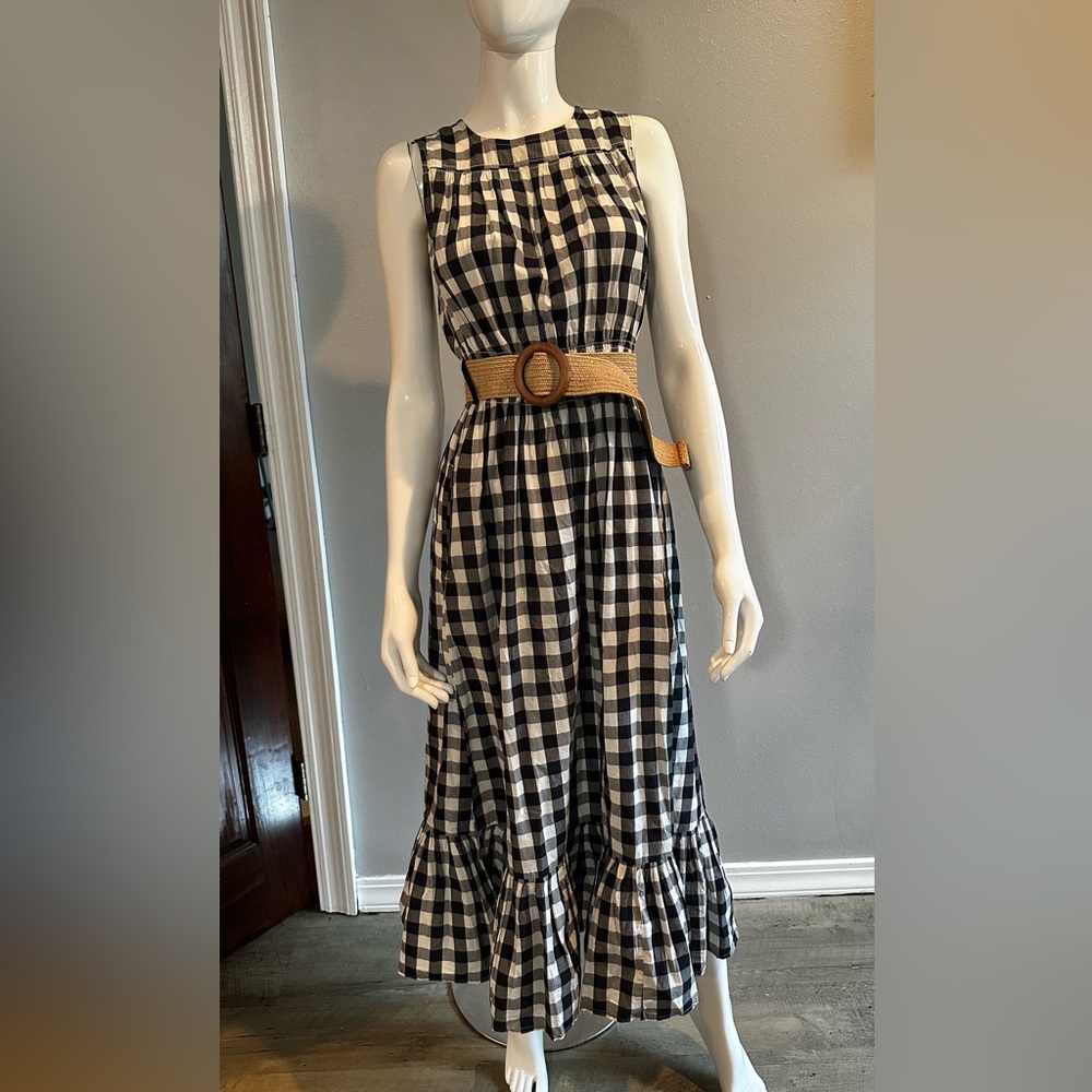 A New Day Gingham Black White Maxi Ruffle  Stretch Cotton Dress with belt XS